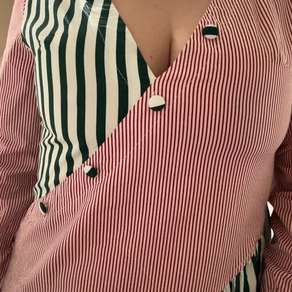 Striped Patchwork Button-Down Blouse in Pink and Green - Picture 7 of 8